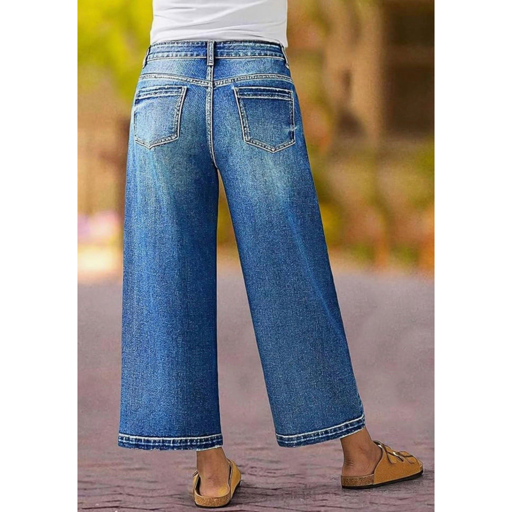 Flamingals Wide Straight Leg Cropped Jeans Women Mid Rise Baggy Casual Wash M - Picture 3 of 6